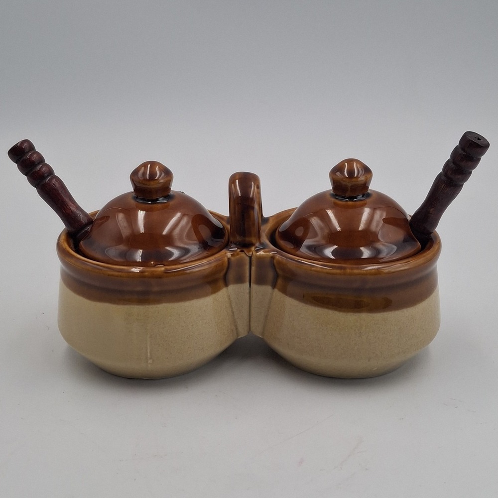 Vintage Stoneware Double Condiment Server Brown Tan Glaze Lidded Caddy w/ Spoons